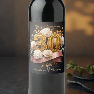 Roses Bouquet Gold 30th Wedding Anniversary  Wine Label