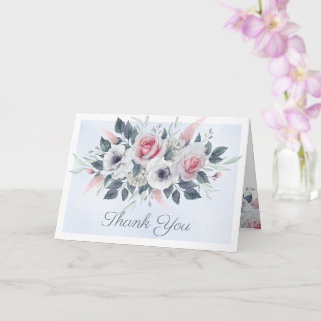 Roses Bouquet Watercolor Pale Blue Thank You  Card (Orchid)