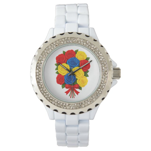 Roses Bouquet Women Rhinestone White Enamel Watch (Front)