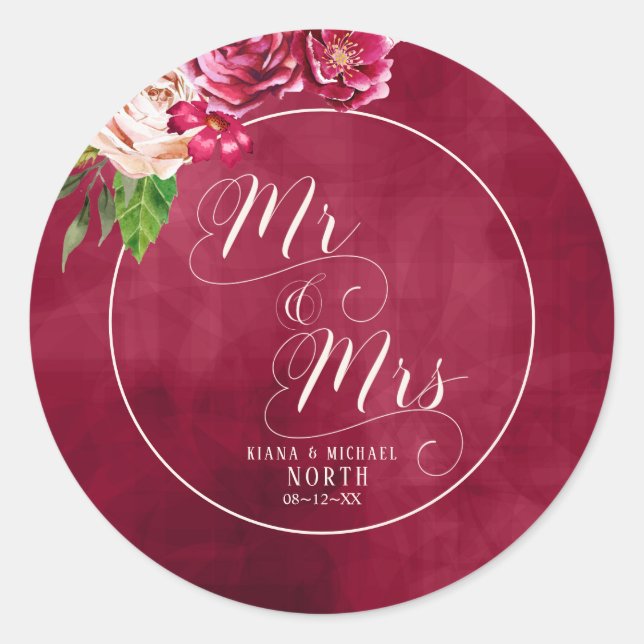 Roses Burgundy/Cream Wedding Mr and Mrs ID584 Classic Round Sticker (Front)