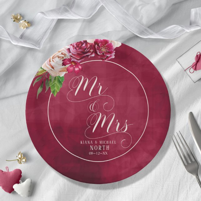 Roses Burgundy/Cream Wedding Mr and Mrs ID584 Paper Plate (Creator Uploaded)