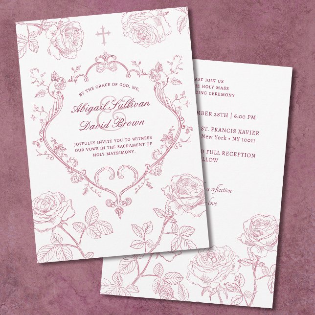 Roses Burgundy Crest Catholic Wedding Invitation (Creator Uploaded)