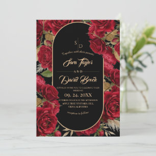 Roses Burgundy Floral Modern Boho Wedding Invitation