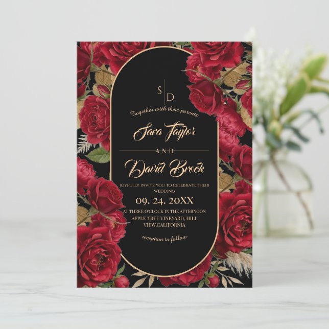  Roses Burgundy Floral Modern Boho Wedding Invitation (Standing Front)