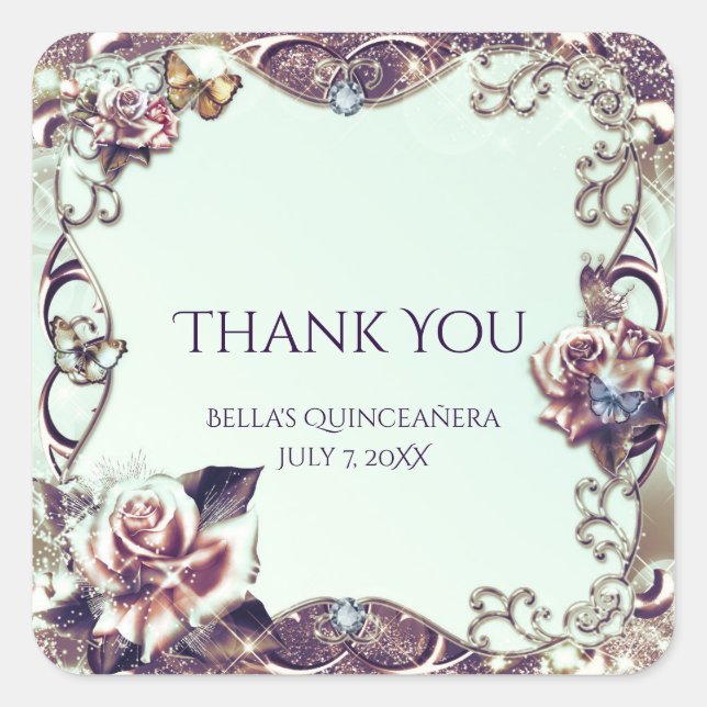 Roses & Butterflies Bronze Quinceañera Party Square Sticker (Front)
