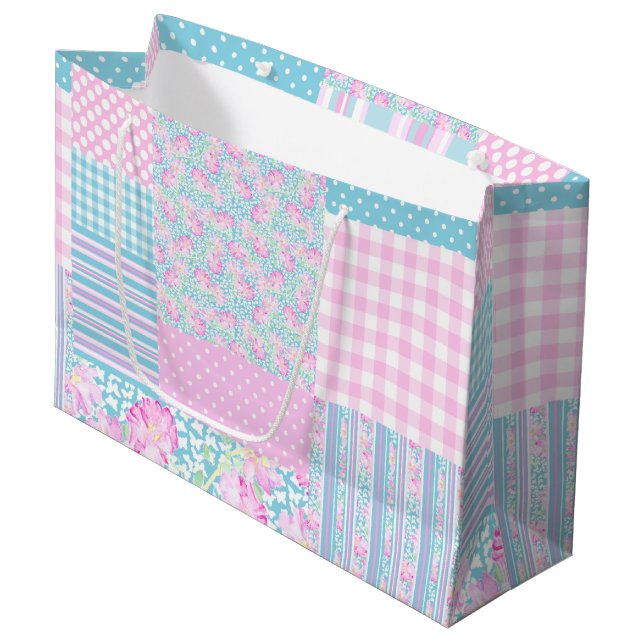 Roses, Butterflies Faux Patchwork Large Gift Bag (Front Angled)
