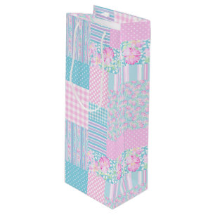 Roses Butterflies Faux Patchwork Wine Gift Bag