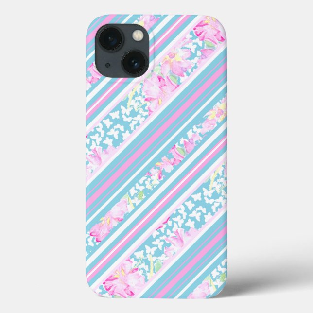 Roses Butterflies Pink, Blue Stripes iPhone 6 Case (Back)