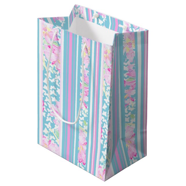 Roses Butterflies Pink Blue White Stripes Gift Bag (Front Angled)