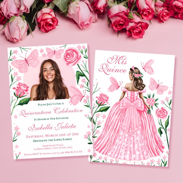 Roses + Butterflies Pink Quinceanera Photo Invita Invitation (Roses + Butterflies Pink Quinceanera Photo Invita Invitation)