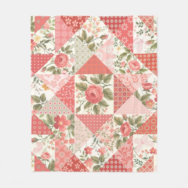 Roses Butterflies Seamless Patchwork Fleece Blanket (Front)