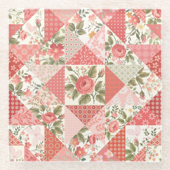 Roses Butterflies Seamless Patchwork Glass Coaster (Front)