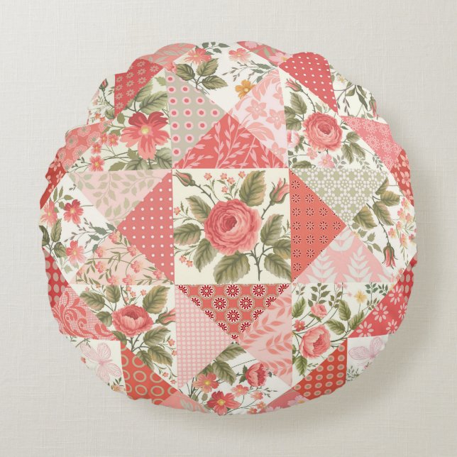 Roses Butterflies Seamless Patchwork Round Cushion (Front)