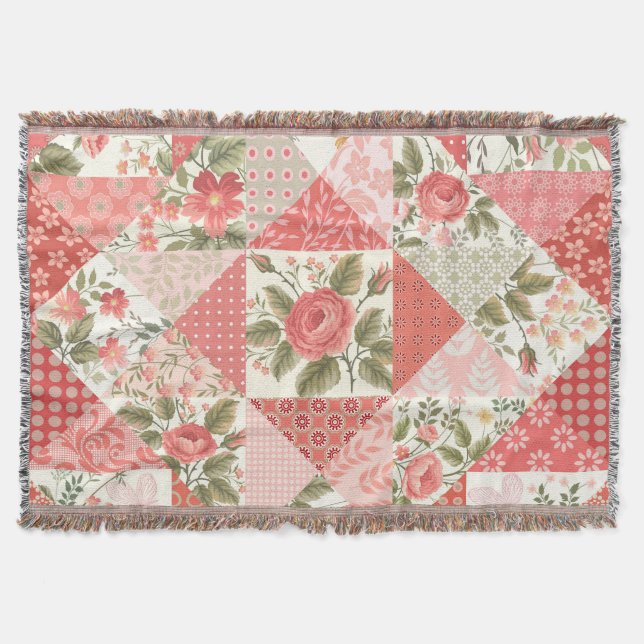 Roses Butterflies Seamless Patchwork Throw Blanket (Front)