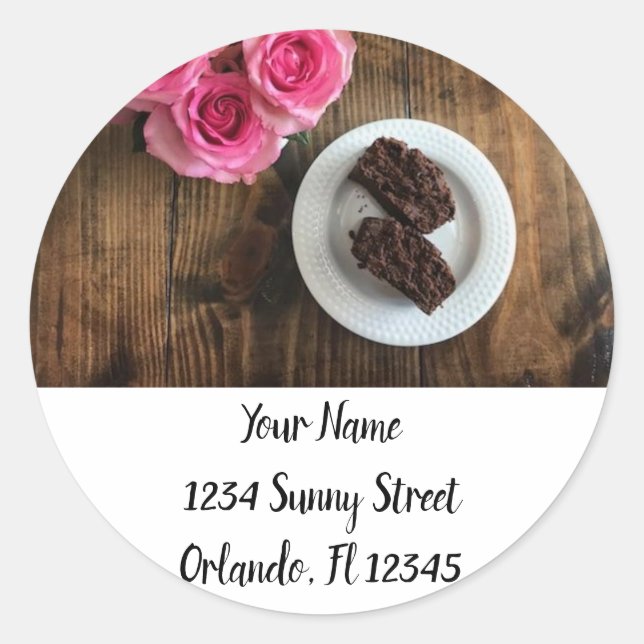 Roses & Chocolate Cake Address Classic Round Sticker (Front)