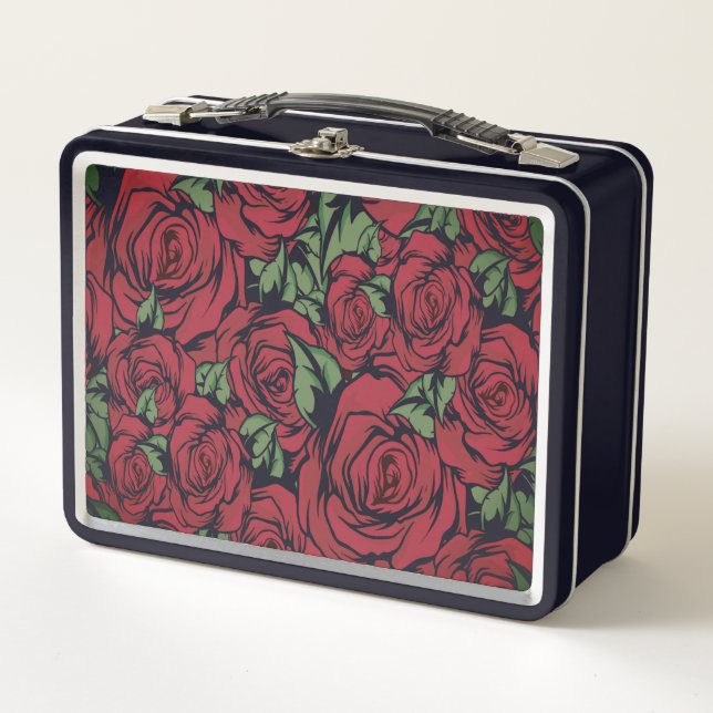 Roses Country red green vintage floral   Metal Lunch Box (Front)