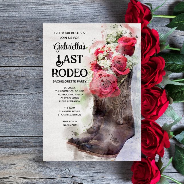 Roses Cowboy Boots Last Rodeo Bachelorette Party Invitation (Creator Uploaded)