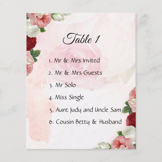 Roses custom Wedding Guests Table plan (Front)