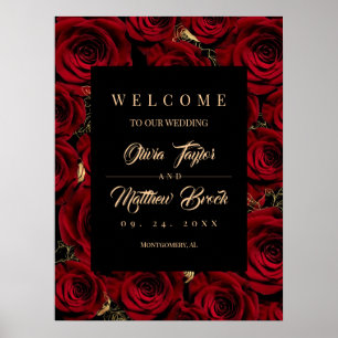 Roses Dark Gold Burgundy Welcome Wedding Sign