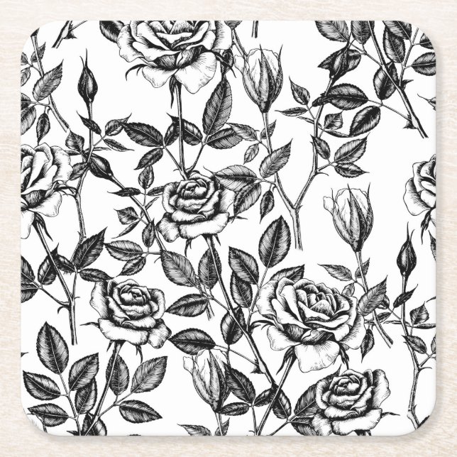 Roses drawing square paper coaster (Front)