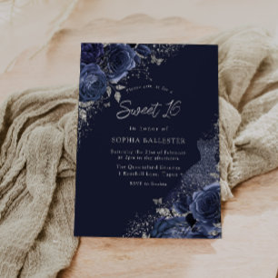 Roses & Dress Navy & Silver Sweet 16 Party Invitation