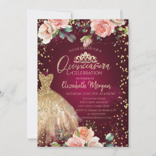 Roses, Dress Tiara,Diamonds Burgundy Quinceañera Invitation
