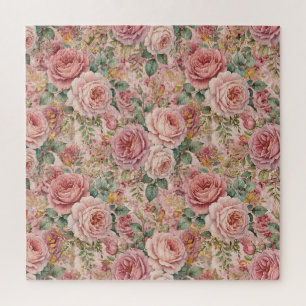 Roses Dusty Rose Charming Artistic Sage Green Gold Jigsaw Puzzle