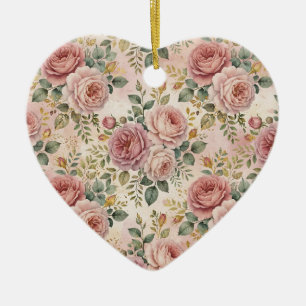 Roses Dusty Rose Elegant Charm Sage Green Gold Ceramic Tree Decoration