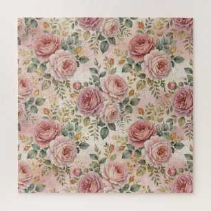 Roses Dusty Rose Elegant Charm Sage Green Gold Jigsaw Puzzle
