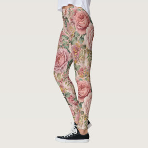 Roses Dusty Rose Elegant Charm Sage Green Gold Leggings