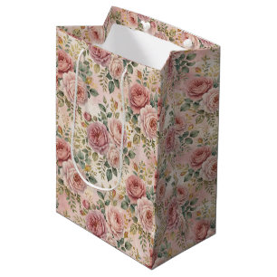 Roses Dusty Rose Elegant Charm Sage Green Gold Medium Gift Bag