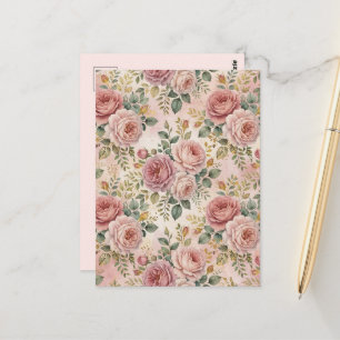 Roses Dusty Rose Elegant Charm Sage Green Gold Postcard