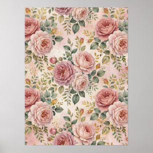 Roses Dusty Rose Elegant Charm Sage Green Gold Poster