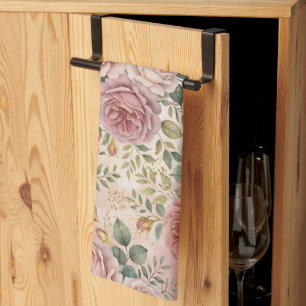 Roses Dusty Rose Elegant Charm Sage Green Gold Tea Towel