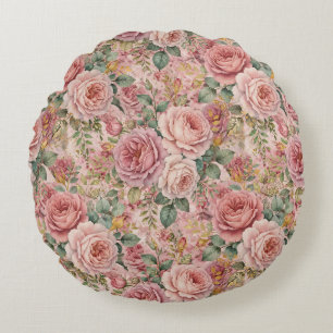 Roses Dusty Rose Sage Green Gold Rustic Charm Round Cushion