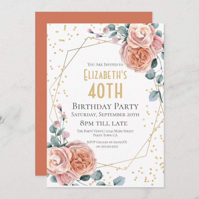 Roses & Eucalyptus Floral 40th Birthday Party  Invitation (Front/Back)