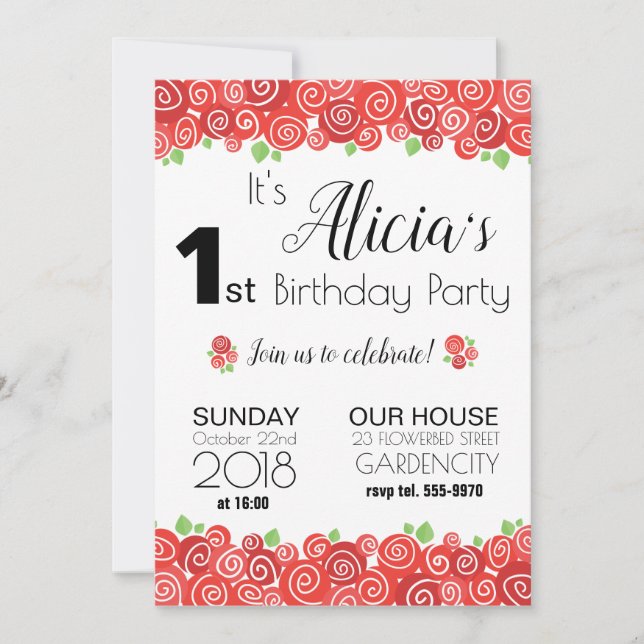 Roses floral 1st birthday party girl invitation (Front)