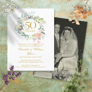 Roses Floral 50th Golden Wedding Anniversary Photo Invitation Postcard
