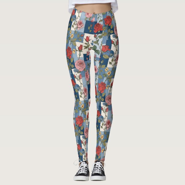 Roses Floral Blue Jean Denim Patchwork Retro Leggings (Front)