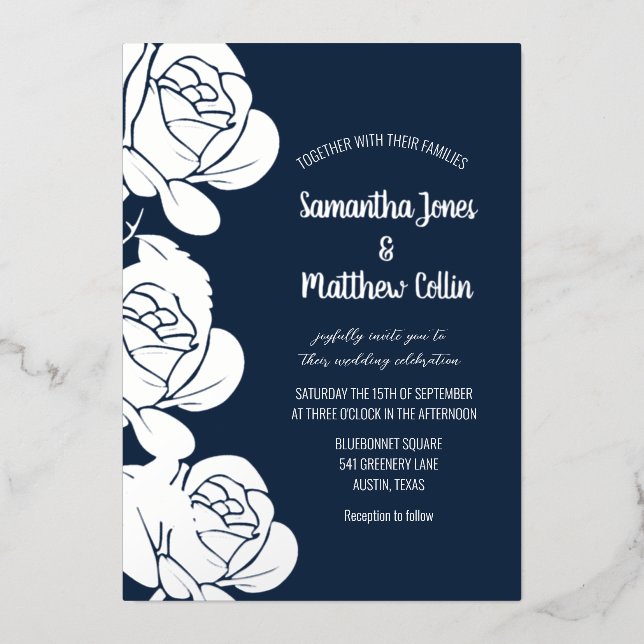 Roses Floral Boho Navy Blue Gold Foil Wedding (Front)
