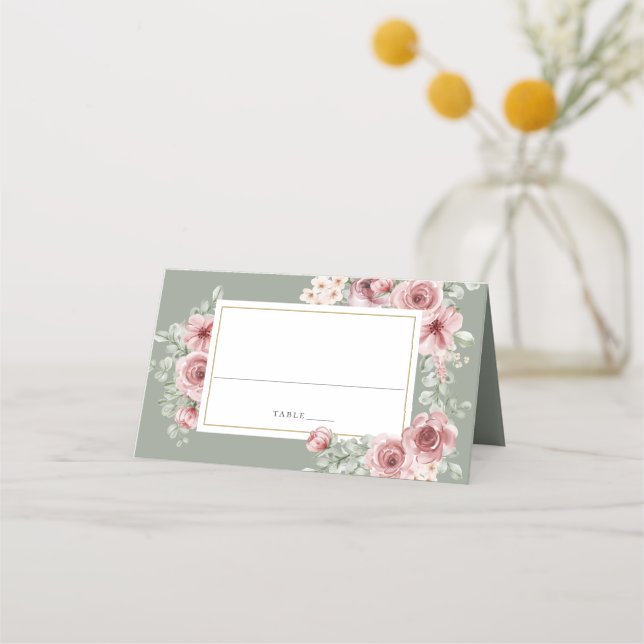 Roses Floral Elegant Sage Green Wedding Place Card (Front)