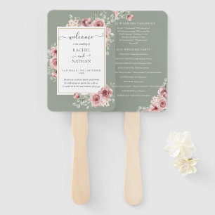 Roses Floral Elegant Sage Green Wedding Program Hand Fan