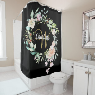Roses Floral Elegant Script Monogram Black Gold Shower Curtain