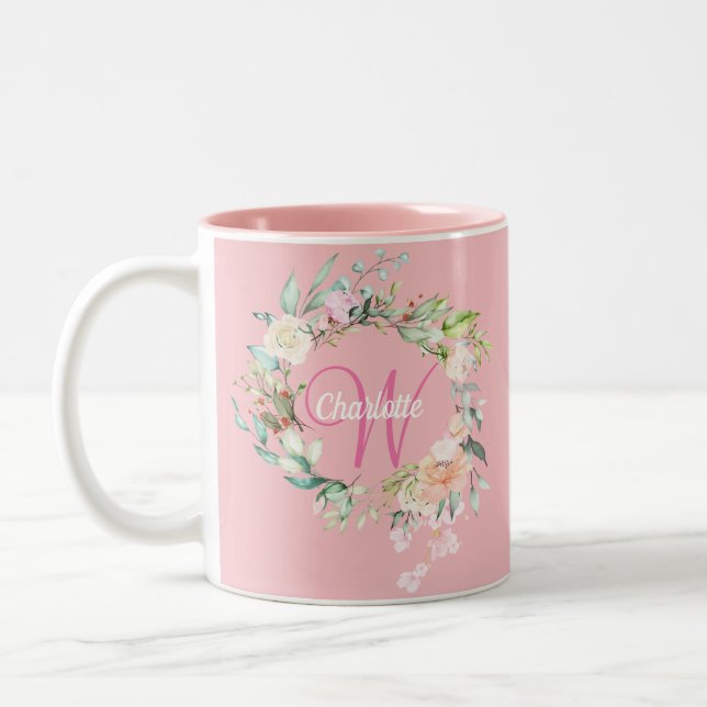 Roses Floral Elegant Script Monogram Pink Two-Tone Coffee Mug (Left)