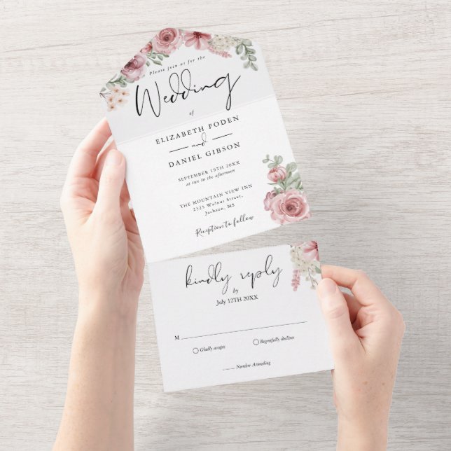 Roses Floral Elegant Script Wedding All In One Invitation (Tearaway)