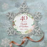 Roses Floral Garland 40th Wedding Anniversary Snowflake Pewter Christmas Ornament<br><div class="desc">Featuring a delicate watercolour floral garland,  this chic botanical 40th wedding anniversary keepsake can be personalised with your special anniversary information in an elegant text. Designed by Thisisnotme©</div>