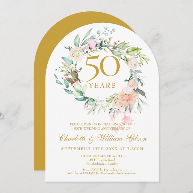 Roses Floral Garland 50th Wedding Anniversary Invitation (Front/Back)