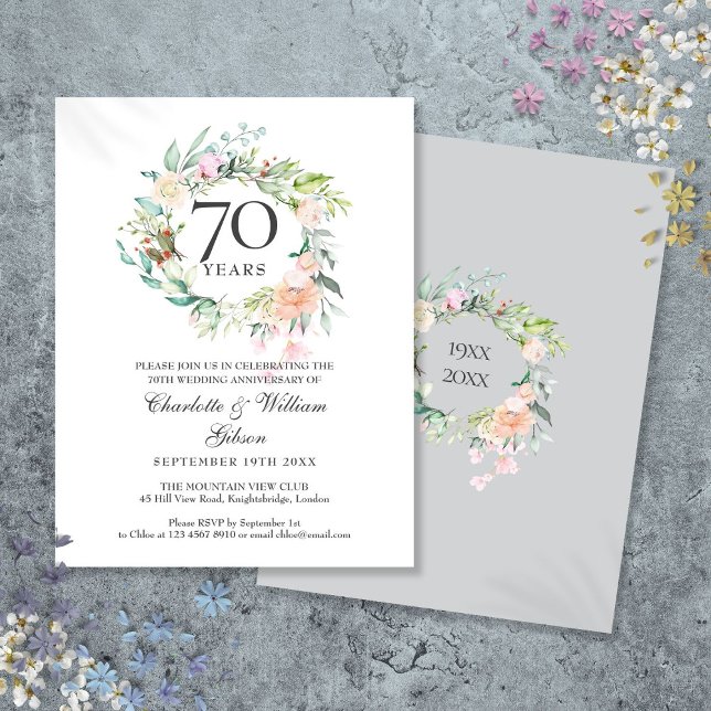 Roses Floral Garland 70th Wedding Anniversary Invitation Postcard (Roses Floral Garland 70th Wedding Anniversary Invitation Postcard)