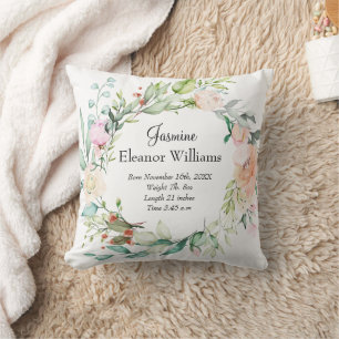 Roses Floral Garland Baby Birth Stats Cushion