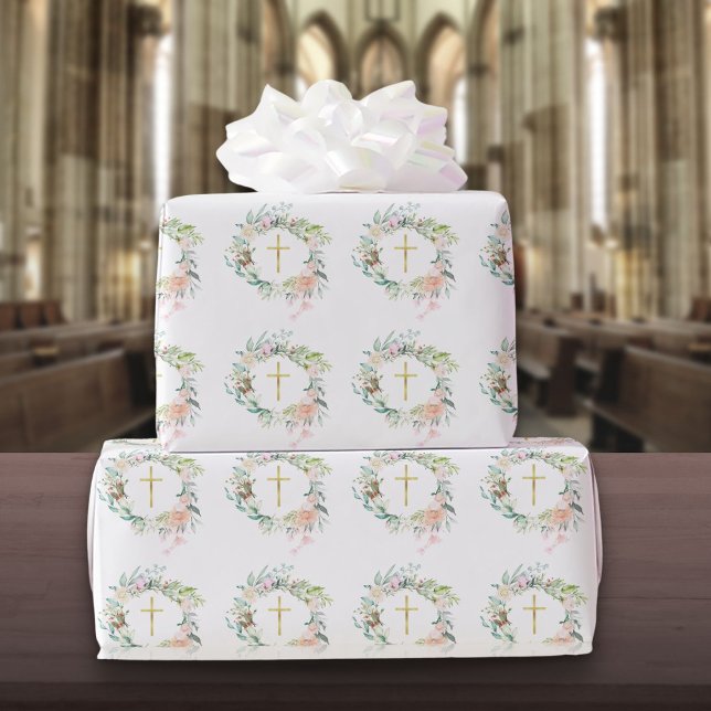 Roses Floral Garland Christian Gold Cross  Wrapping Paper (Roses Floral Garland Christian Gold Cross Wrapping Paper)